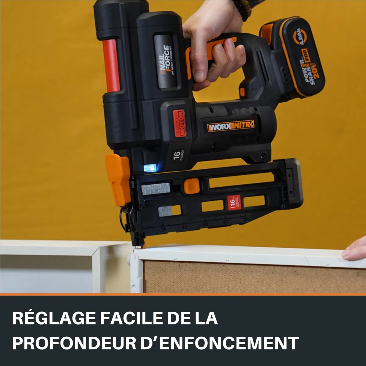 WORX WX841.9 Nitro 20 V Chiodatrice senza filo calibro 16 | Chiodatrice senza fili | Pistola per chiodi alimentata a batteria con rilascio di inceppamenti senza attrezzi| PowerShare - Solo strumento