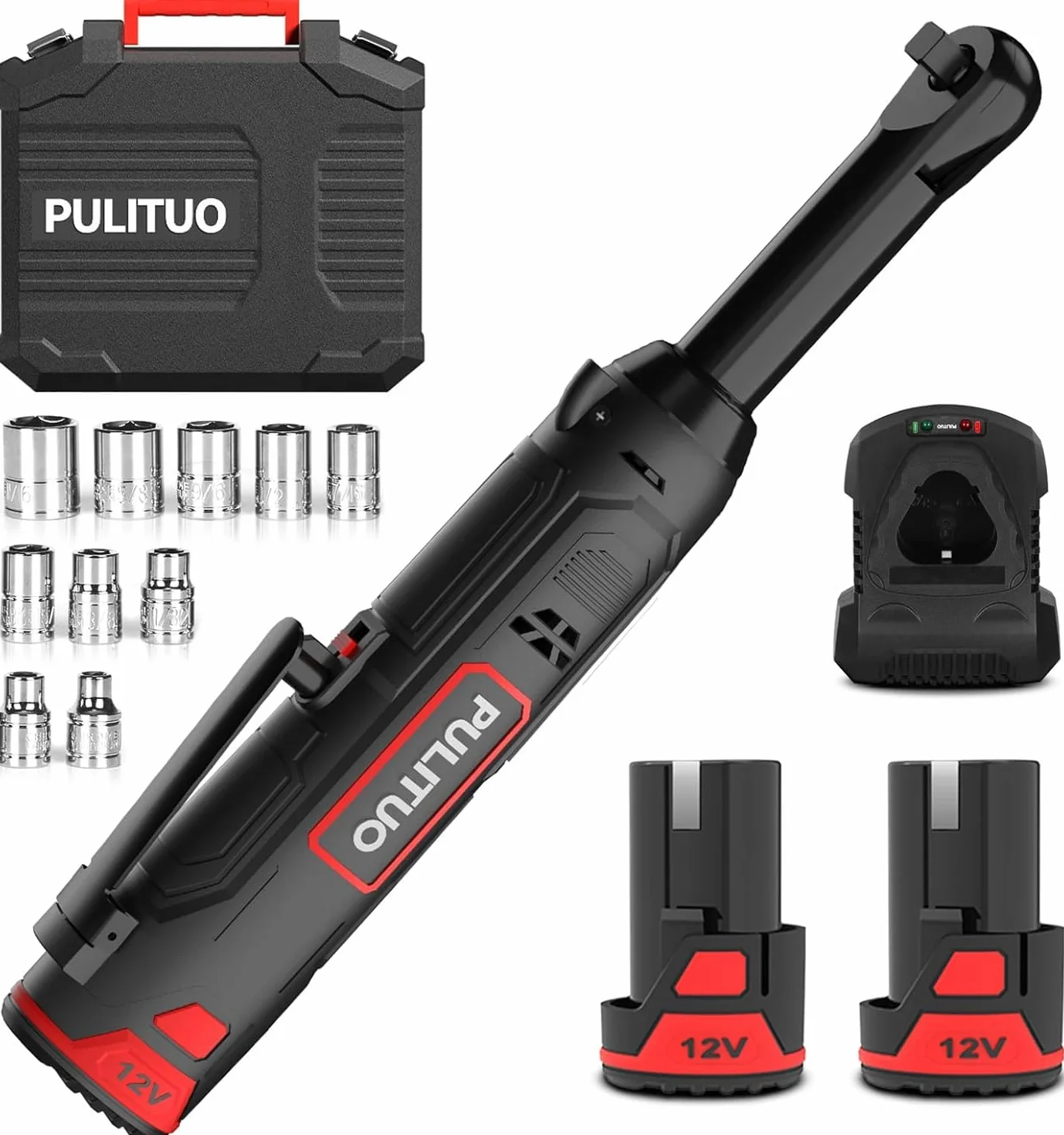 PULITUO 12V 3/8" Chiave a cricchetto elettrica a collo lungo, Chiave a Cricchetto a Batteria estesa Set da 40Ft-lbs con batterie 2x2.0Ah e carica rapida, velocità variabile da 300 RPM con 10 bussole