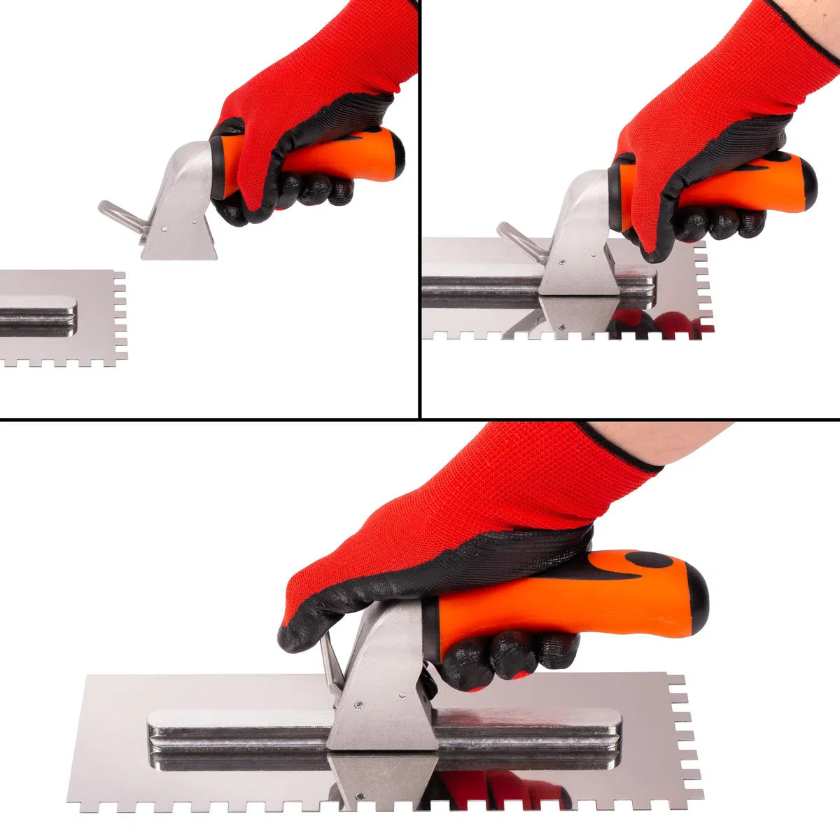 MIVOS Set di Frattazzi con manico staccabile e scatola per il trasporto - 6, 8, 10, 12 mm, Tipo U, tipo Tiger - 6 Frattazzi dentati - Frattazzi in acciaio inox con impugnatura morbida - Cazzuola