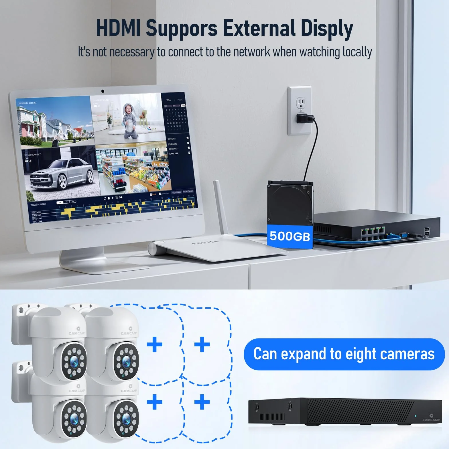 CAMCAMP 5MP PoE Kit Videosorveglianza Esterno, 8CH NVR con 500GB HDD + 4x 5MP Telecamera PoE, 30m Visione Notturna a Colori, 24/7, Impermeabile IP66