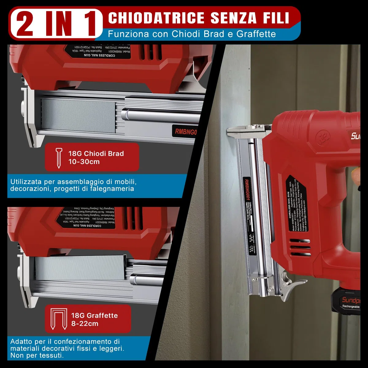 Sparachiodi a Batteria 21V - 2-in-1 Chiodatrice a Batteria con 2 x 2.0Ah Batterie, 180 Chiodi/Min, Graffettatrice con 600 Chiodi 18GA e 2.000 Chiodi a U per Tappezzeria, Falegnameria