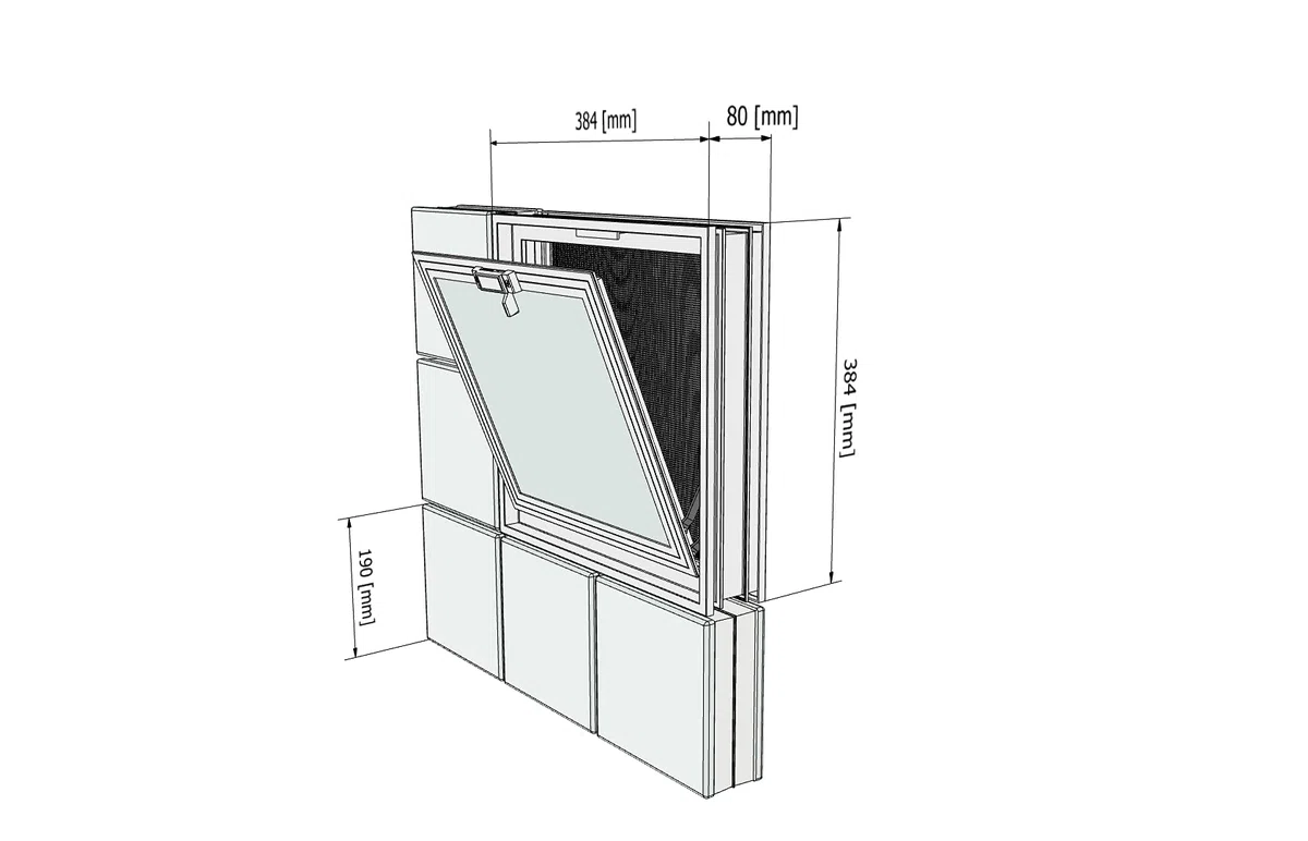 Finestra di ventilazione da inserire in una parete di vetromattoni o muratura | Dimensioni cm 38,4X38,4X8 | Unità di vendita 1 finestra