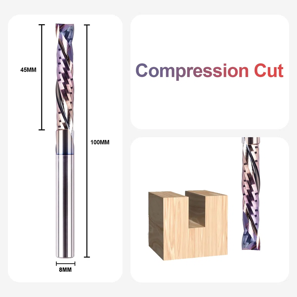 SpeTool 2 frese elicoidali da 8 mm, codolo a compressione, lunghezza di taglio extra lunga, con rivestimento TAC, fresa CNC VHM, fresa per fresatrice a spirale, fresa per legno