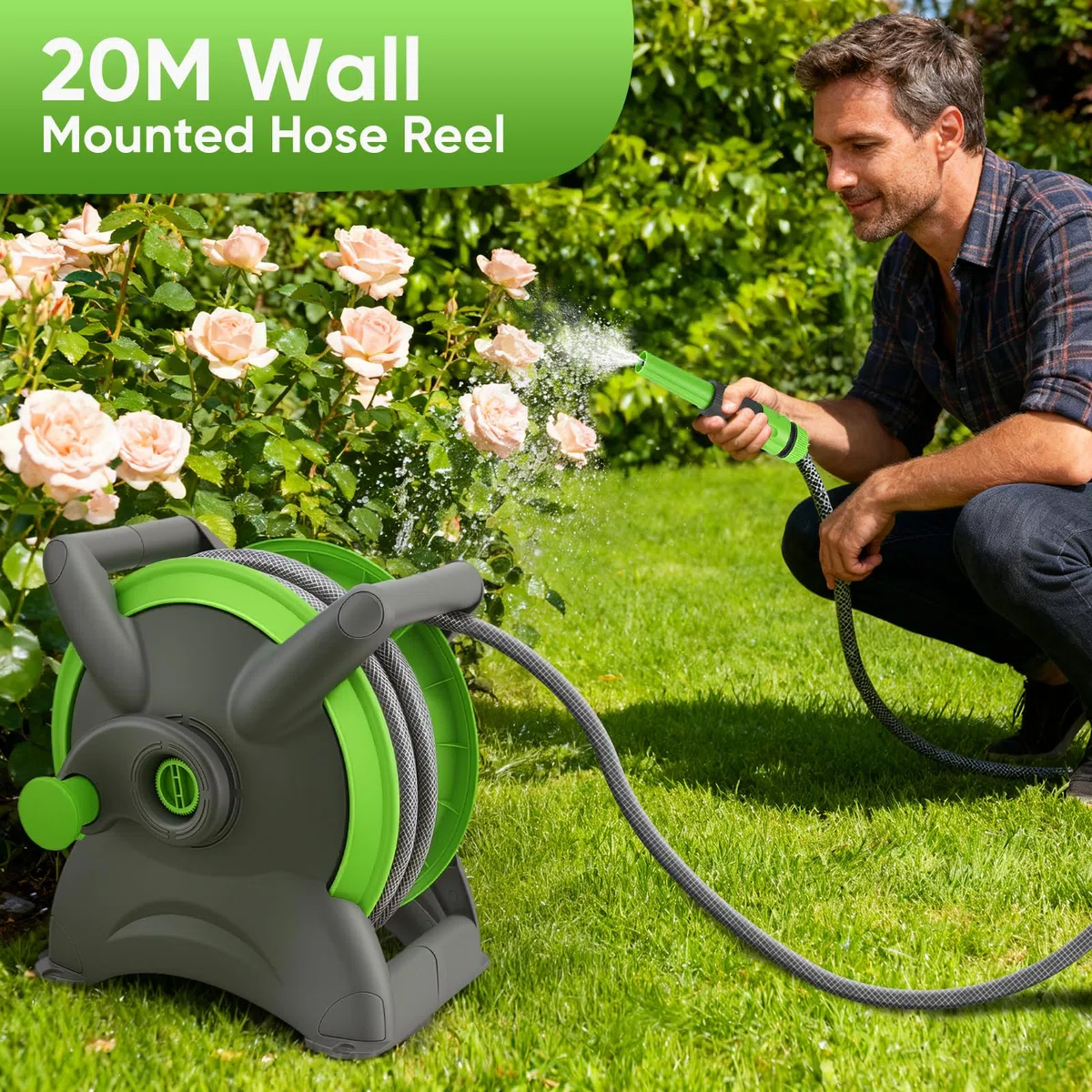 Avvolgitubo Automatico Retrattile 20m, Avvolgitubo da Giardino ad Aria Compressa, Fissaggio a Parete Girevole 180°, Canna Acqua Giardino per Irrigazione Giardino Orto e Pulizia Domestica