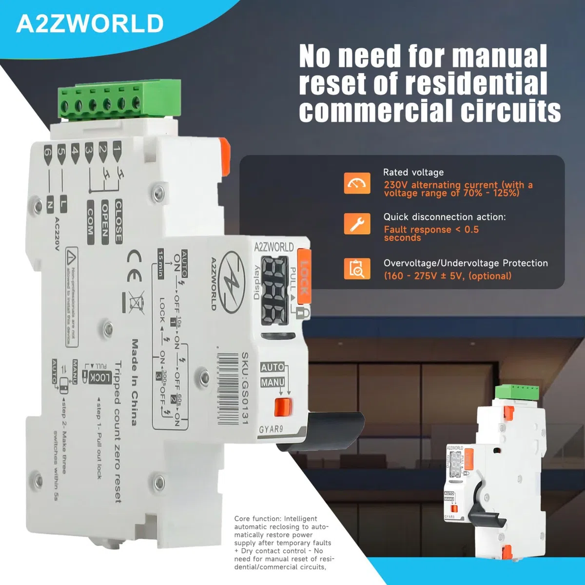 Interruttore Magnetotermico Differenziale Con Riarmo Automatico, RCBO Tipo AC Curva C, Idn 30mA / 0.03A, In 25A, 1P+N 6kA, 3 Moduli, con 3 Tentativi di Riarmo (10s/60s/300s)