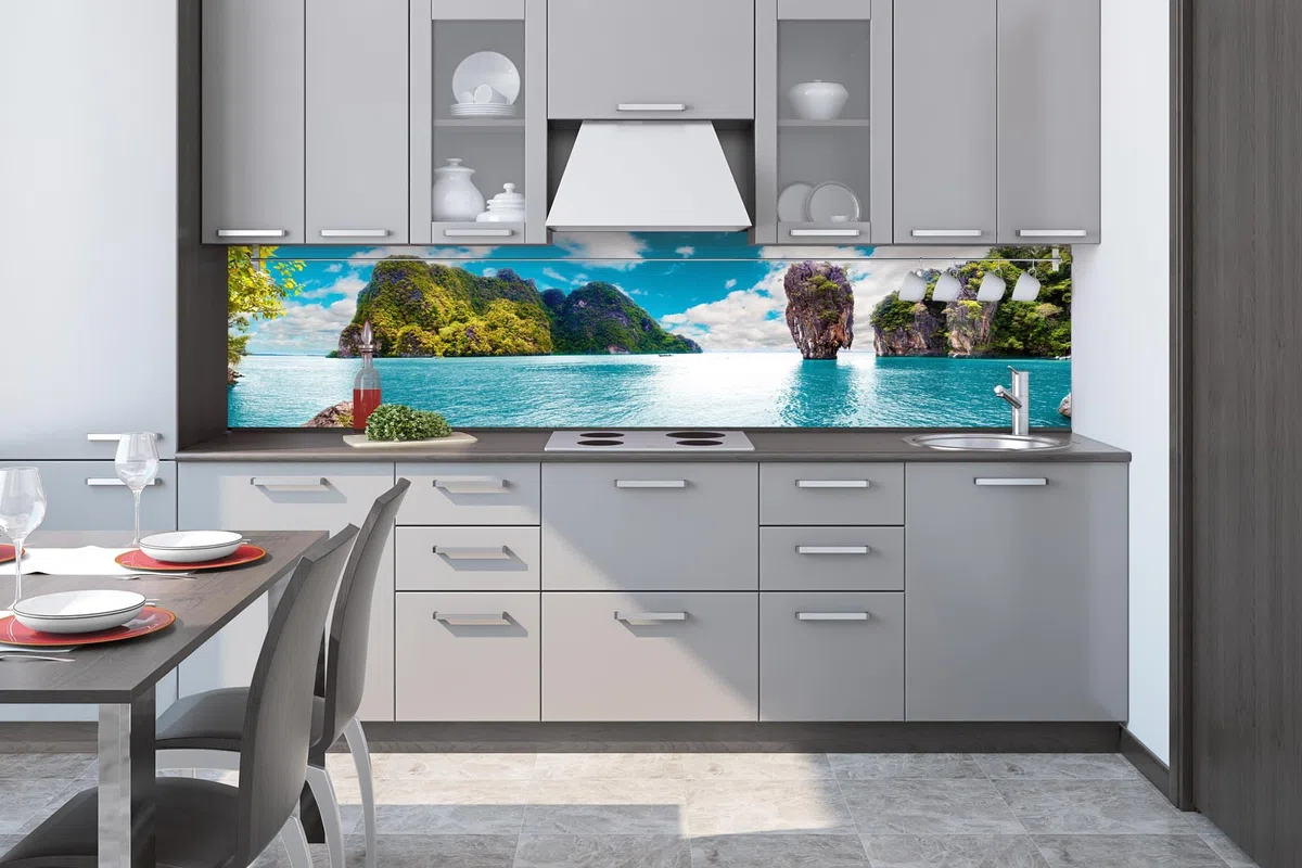Dimex Pellicola autoadesiva per parete posteriore della cucina, motivo: isola della Thailandia, 260 x 60 cm, pellicola adesiva decorativa, paraspruzzi per cucina, Made in EU