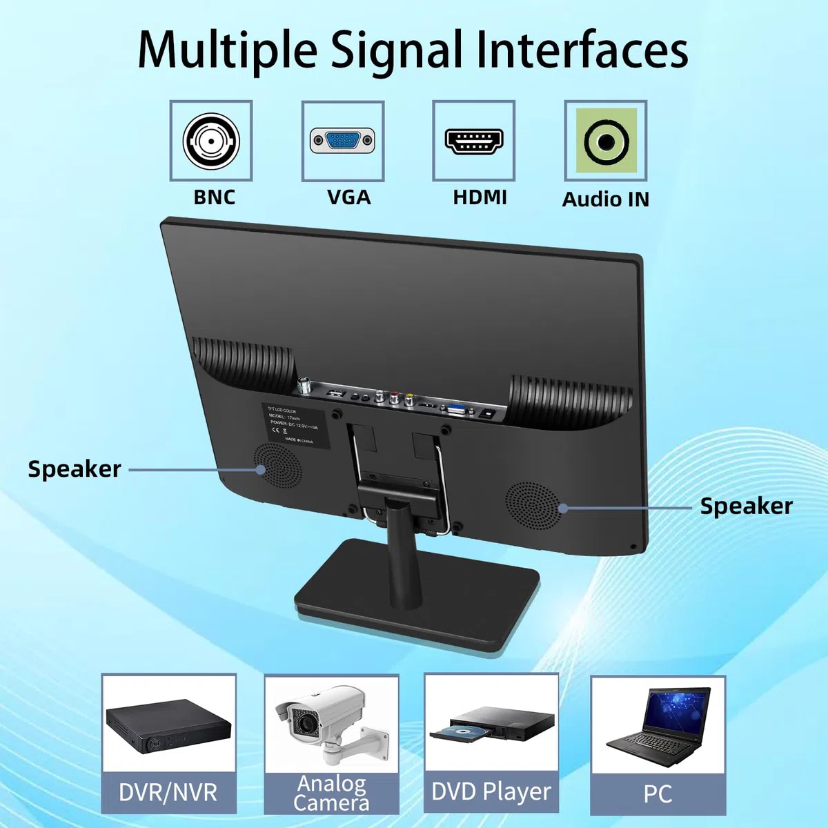 Jexiop - Monitor di sicurezza da 17 pollici, supporto USB a parete, riproduzione video full format, monitor CCTV con ingresso AV/HDMI, uscita VGA/cuffie, altoparlante