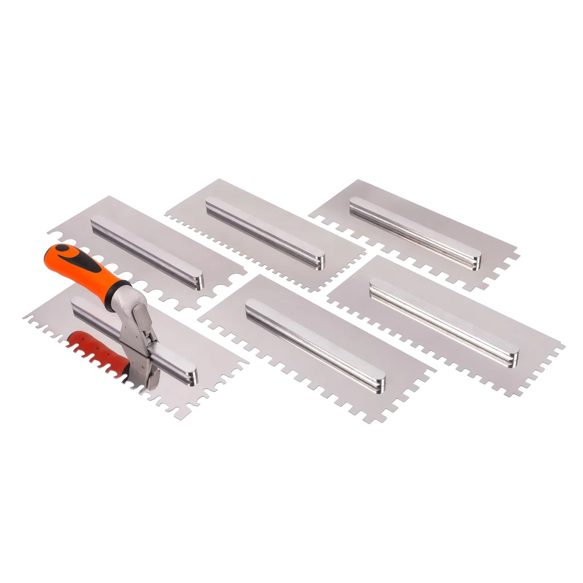 MIVOS Set di Frattazzi con manico staccabile e scatola per il trasporto - 6, 8, 10, 12 mm, Tipo U, tipo Tiger - 6 Frattazzi dentati - Frattazzi in acciaio inox con impugnatura morbida - Cazzuola