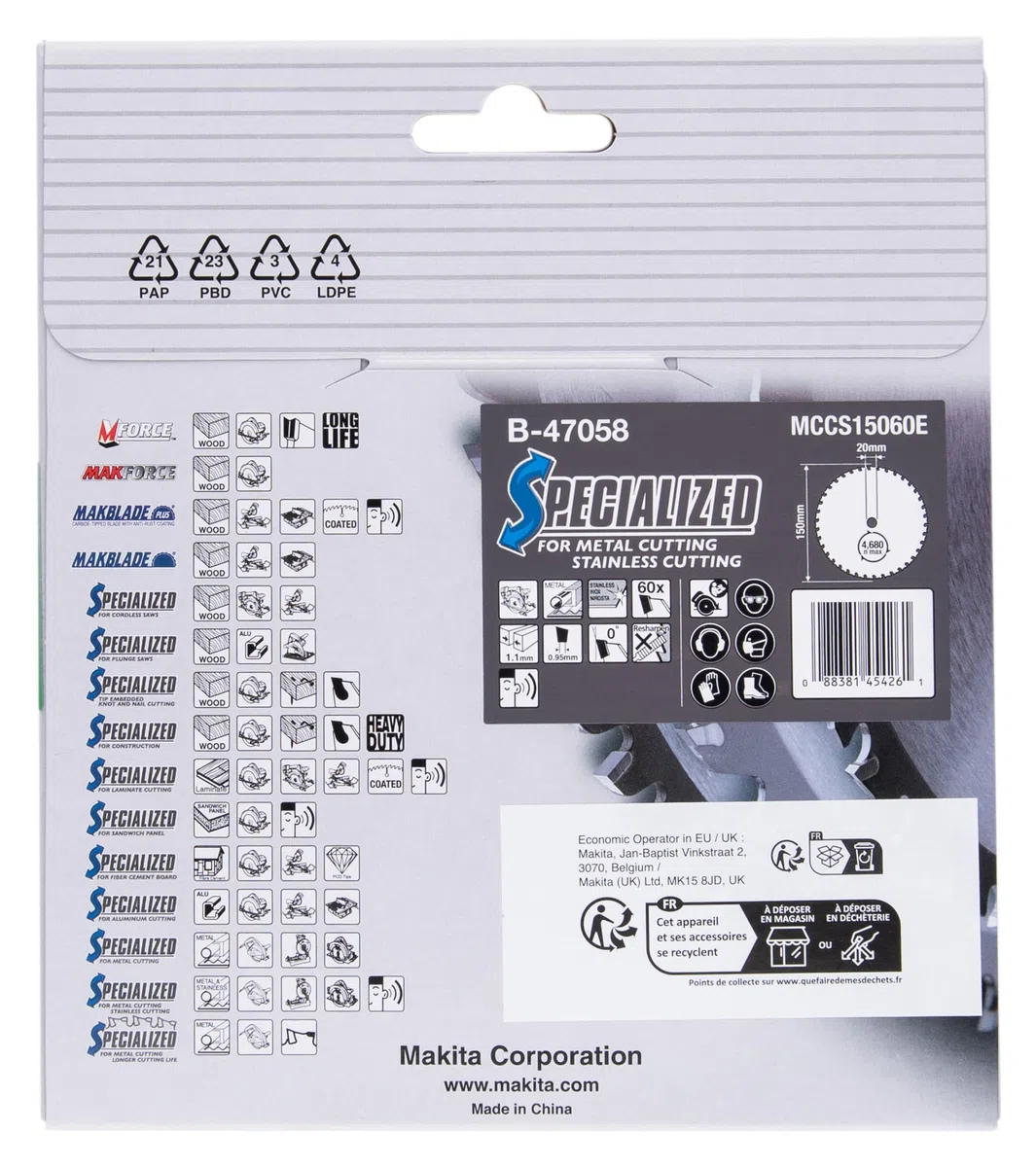 Makita B-47058 Lama Sega Circolare T.C.T. 150x20mm 60T Metallo Acciaio