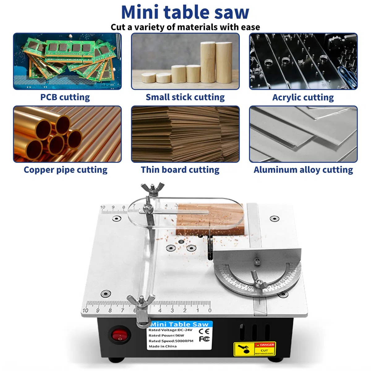 Mini sega circolare da tavolo, 96W 5000 rpm sega da tavolo di precisione multifunzionale, alimentazione a 7 velocità regolabile, altezza di taglio 0-15 mm per il taglio fai da te modellazione