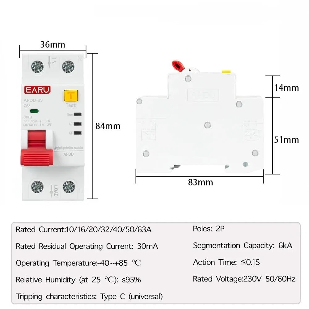Interruttore Magnetotermico Differenziale Dispositivo di protezione da guasti d'arco AFDD-63 AFCI 2P Interruttore automatico Interruzione Sovraccarico Dispersione a terra Cortocircuito Protezione da t