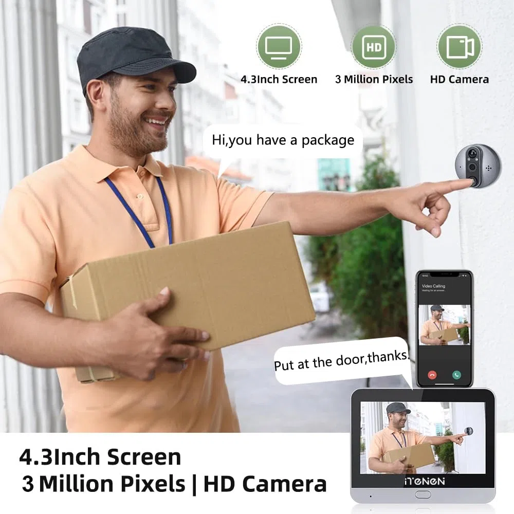 Wifi Senza Fili Spioncino Digitale Porta WiFi Campanello con MicroSD da 32GB,3.0MP Telecamera la Porta anteriore con monitor 4.3" pollici,Allarme al telefono cellulare,PIR