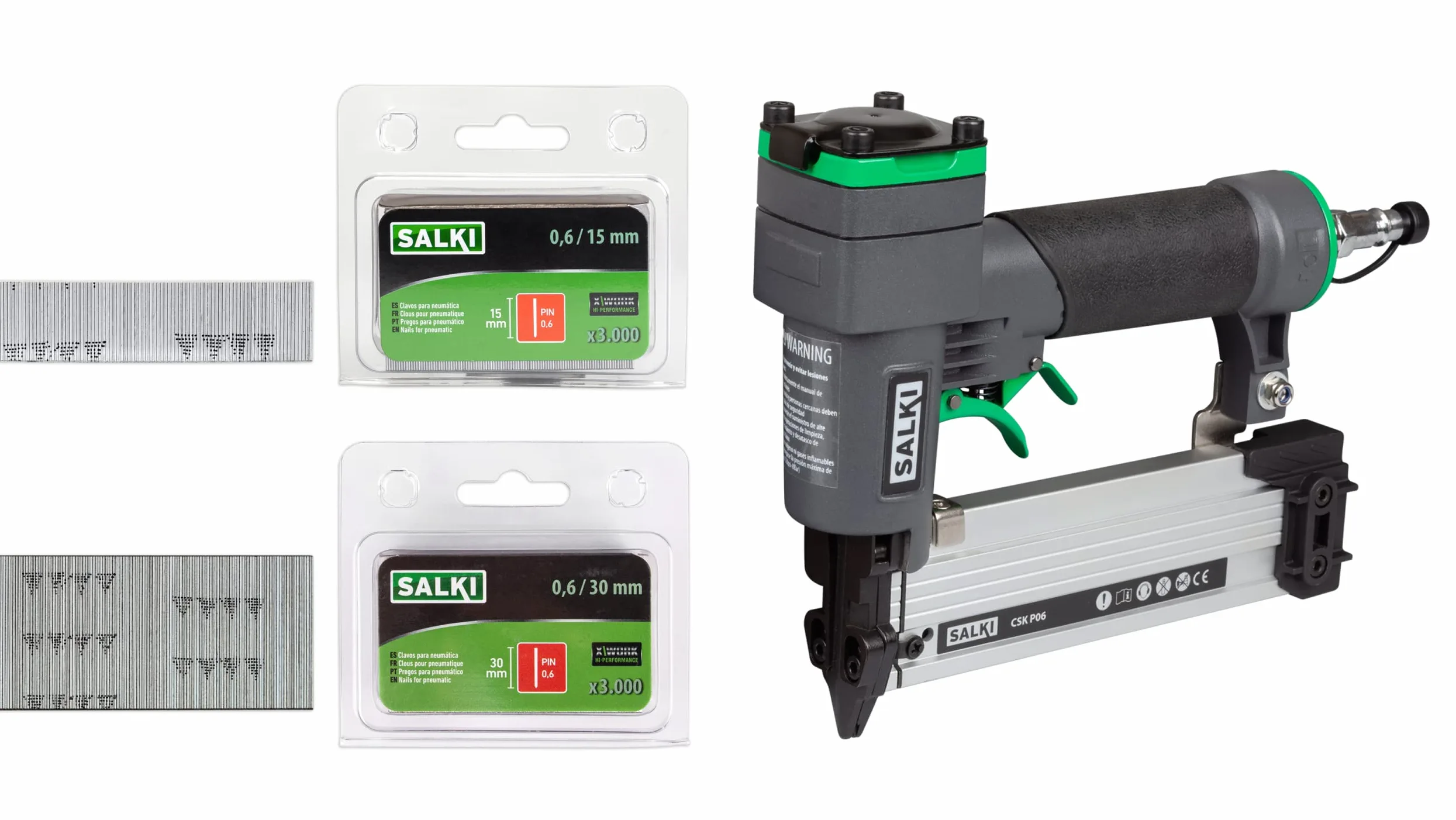 SALKI | Set Chiodatrice CSK P06 + Blister SALKI Pin 0,6 | 15 mm e 30 mm B | Pistola Pneumatica per Chiodi | Graffettatrice per Lavori di Falegnameria