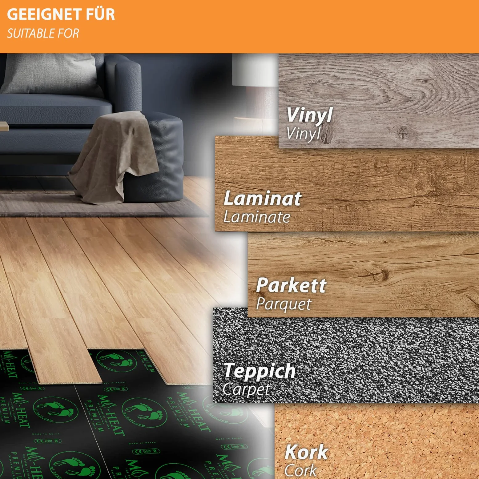 Mi-Heat Premium - Pellicola riscaldante, 2,0 m, 100 Watt/m², larghezza 80 cm, per riscaldamento elettrico a pavimento, per pavimenti in vinile, laminato, parquet, sughero