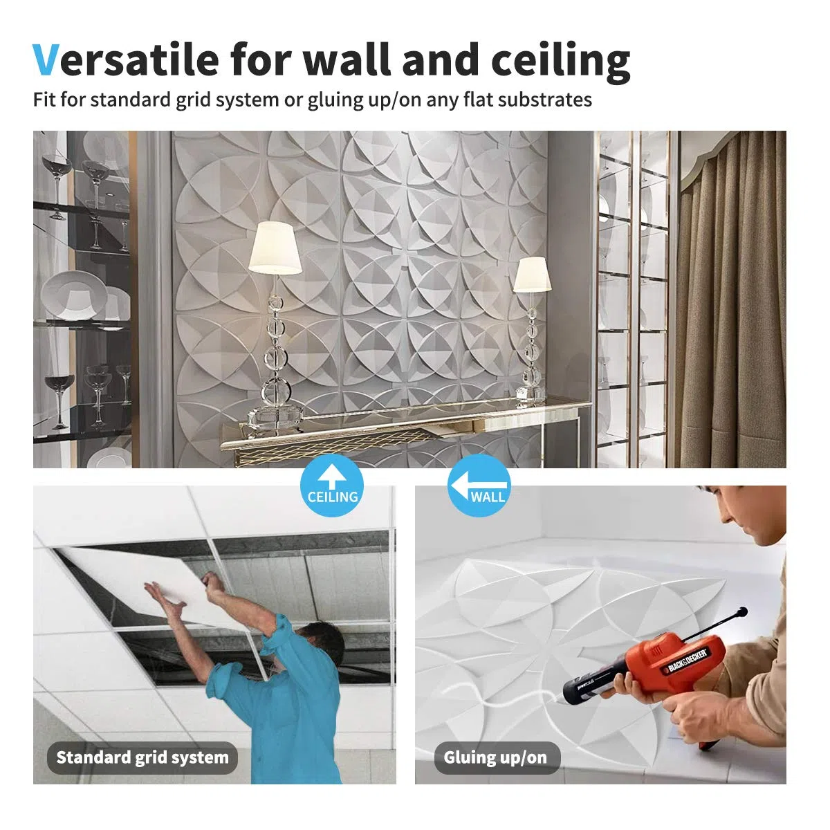 Art3d - Piastrelle decorative per soffitto, incollabili, per soffitto, confezione da 12 pezzi, motivo floreale bianco