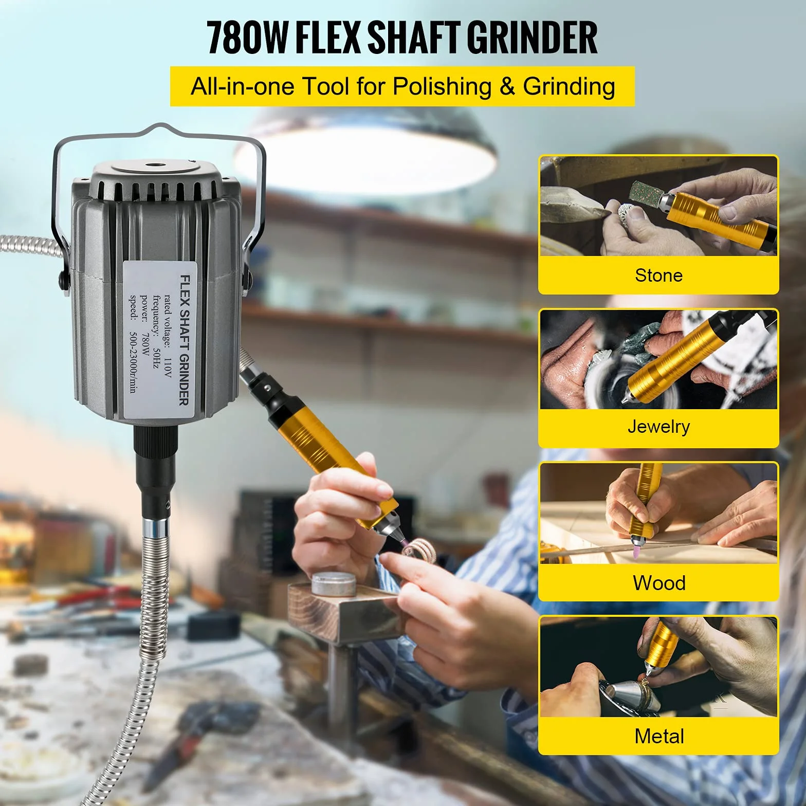 VEVOR Albero Flessibile con Mandrino per Trapano, Potenza 780 W 220 V 500-23000 RPM Smerigliatrice Elettrica con Albero Flessibile per Diversi Materiali Come Metallo, Legno, Pietra, Gioielli, ecc.