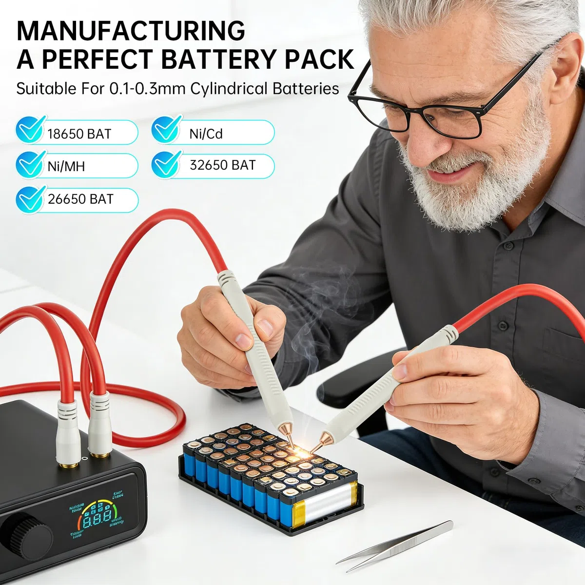 Saldatrice a Punti Senza Fili 11340 W, Saldatore per Batterie con Schermo LCD, Manopola Rotante, Pedale e Penna, 5000 mAh, Saldatura 0,1-0,4 mm per Pacchi Batteria Fai da Te