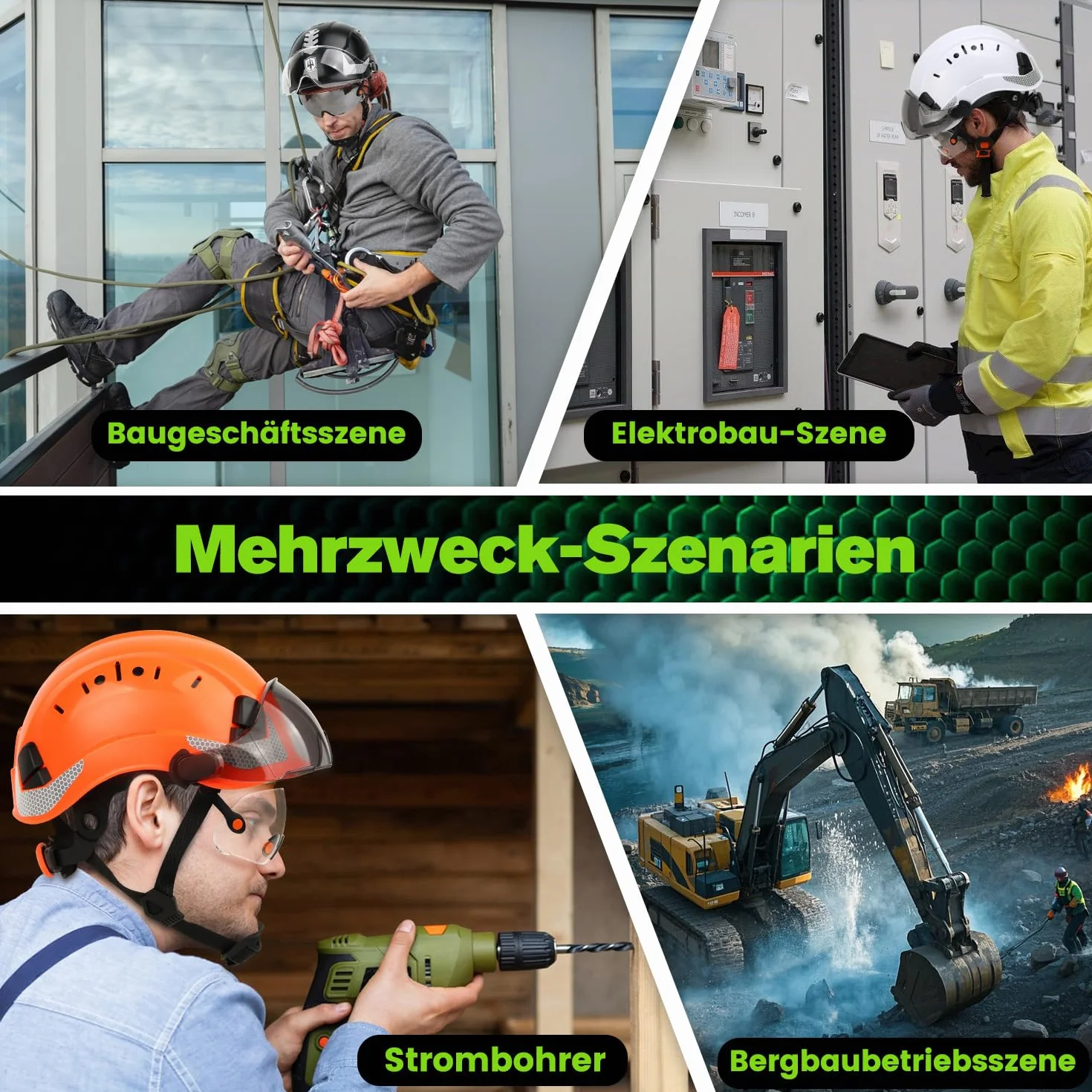 GREEN DEVIL Casco protettivo industriale certificato EN397 & EN166 con visiera colorata + trasparente, casco di sicurezza con doppia visiera per costruzione, artigianato e industriale, casco di