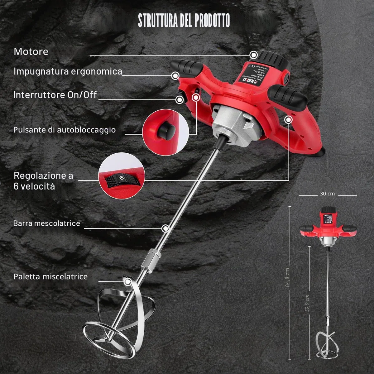 Anbull 2100W miscelatore per malta,Miscelatore Cemento, Miscelatore per Colla, Miscelatore Camion Betoniera, 6 velocità 0-930 giri/min, miscelatore per malta M14