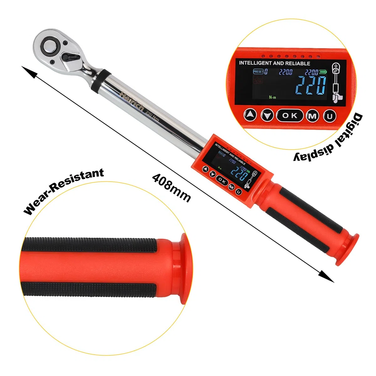 Hairich Chiave dinamometrica digitale 1/2 pollici, 11-220 N.m, precisione ±2%, con indicatore LED, segnale acustico e funzione di memorizzazione, kit coppia elettronica per auto, moto e camion