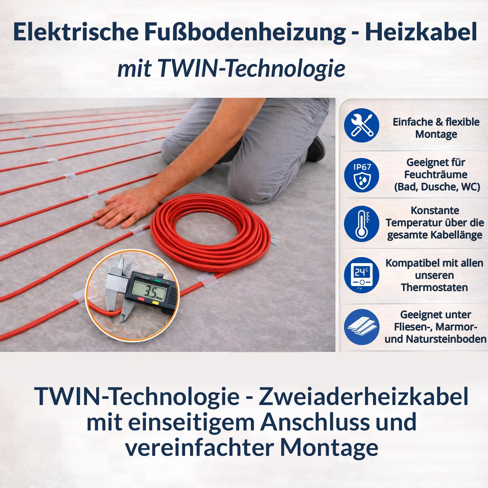 Cavo elettrico per riscaldamento a pavimento - Cavo riscaldante 16W/m 2400W totale (150m) per 12-24m² superficie di riscaldamento - Tecnologia TWIN - classe di efficienza energetica A +++