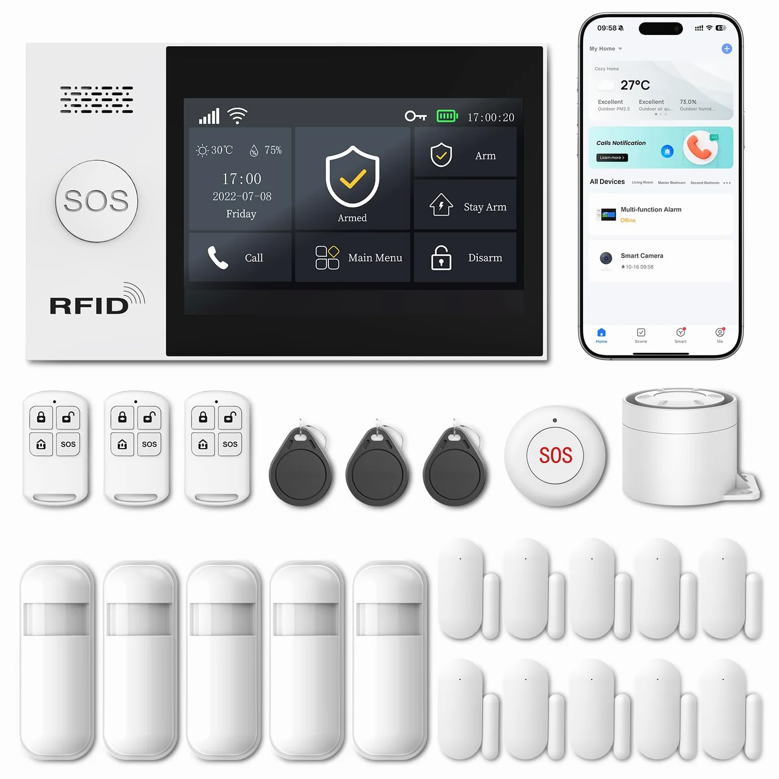 LWOHSI Sistema di sicurezza domestica, sistema di allarme wireless GSM WiFi, allarme antifurto domestico touch screen da 4,3" compatibile con Alexa Google Home